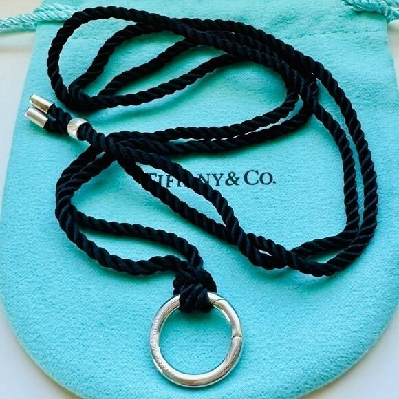 🖤 NEW Retired Tiffany & Co Silk Cord Silver Round Clasp Necklace, 30 inches - Picture 1 of 4